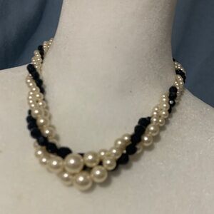 Elegant Pearl and Black Bead Necklace
